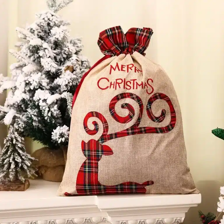 Grands sacs cadeaux de Noël avec wstring de proximité, sacs de Noël, sacs de Noël, décorations pour la maison, porte-cadeaux, gril en lin, broderie Elk Santa 6