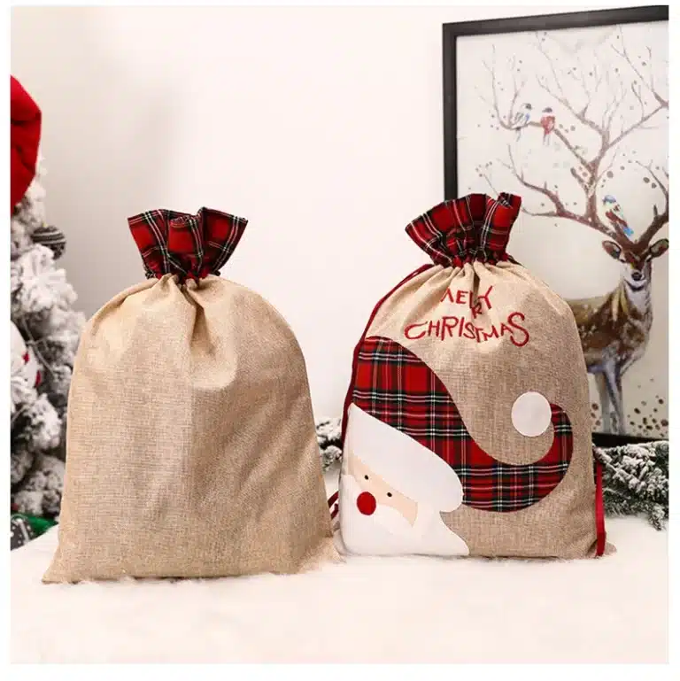 Grands sacs cadeaux de Noël avec wstring de proximité, sacs de Noël, sacs de Noël, décorations pour la maison, porte-cadeaux, gril en lin, broderie Elk Santa 13