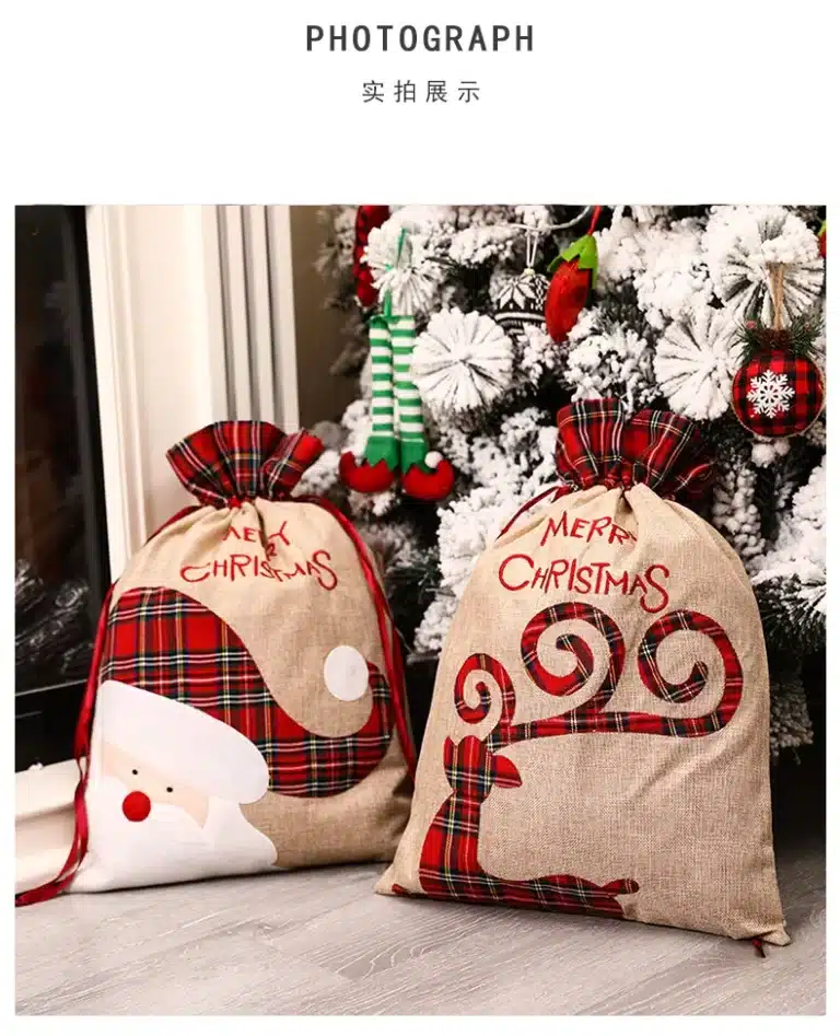 Grands sacs cadeaux de Noël avec wstring de proximité, sacs de Noël, sacs de Noël, décorations pour la maison, porte-cadeaux, gril en lin, broderie Elk Santa 10