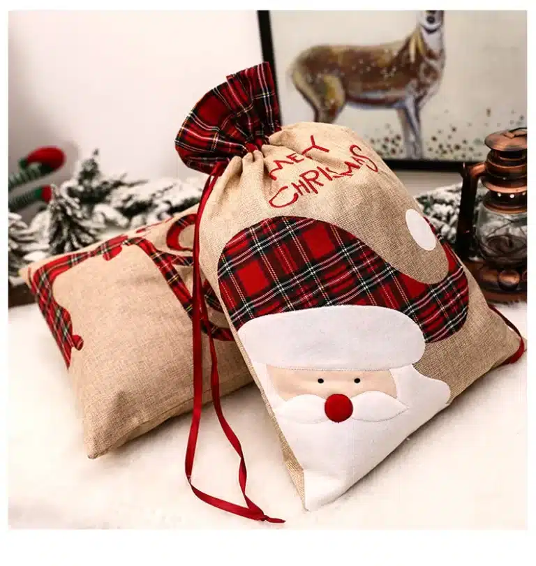 Grands sacs cadeaux de Noël avec wstring de proximité, sacs de Noël, sacs de Noël, décorations pour la maison, porte-cadeaux, gril en lin, broderie Elk Santa 12