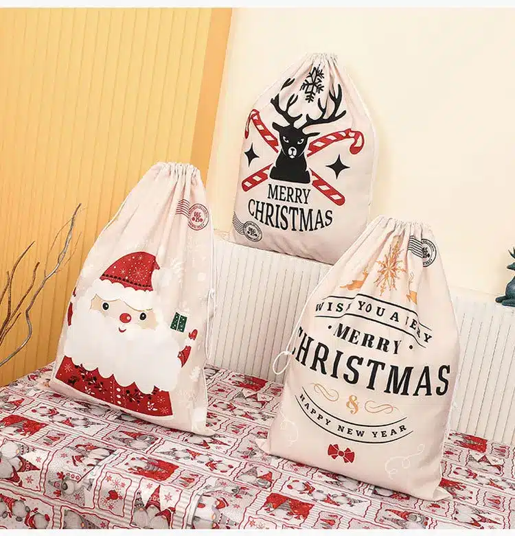 Sac cadeau imprimé polochon avec ficelle de proximité, sacs en jute, sacs en lin, sacs de rangement, Noël, nouvel an, 2024, 40x60cm 13