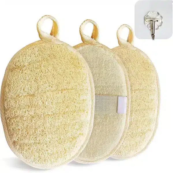 Épurateur de douche pour le corps en luffa naturel, éponge expansive de bain, brosses de douche douces avec crochet, articles d'épurateur de serviette, 3 pièces 1