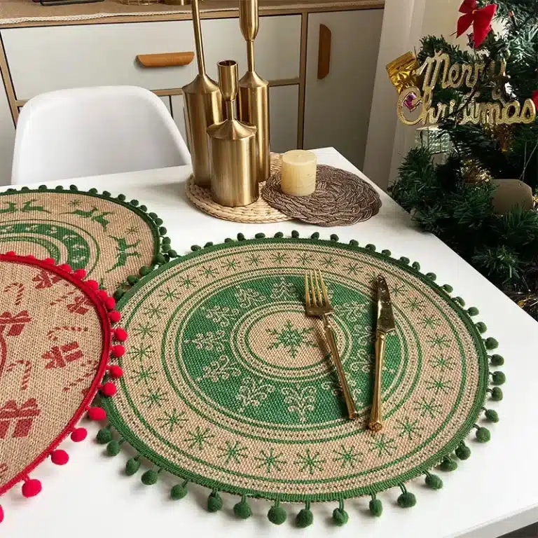 Napperon en jute rétro de Noël, rond, imprimé, polymères de table à manger tissés avec boule de laine, degrés de chaleur, décoration d'intérieur, tapis de tasse à café 1