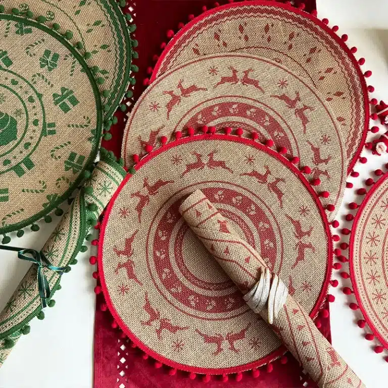 Napperon en jute rétro de Noël, rond, imprimé, polymères de table à manger tissés avec boule de laine, degrés de chaleur, décoration d'intérieur, tapis de tasse à café 3